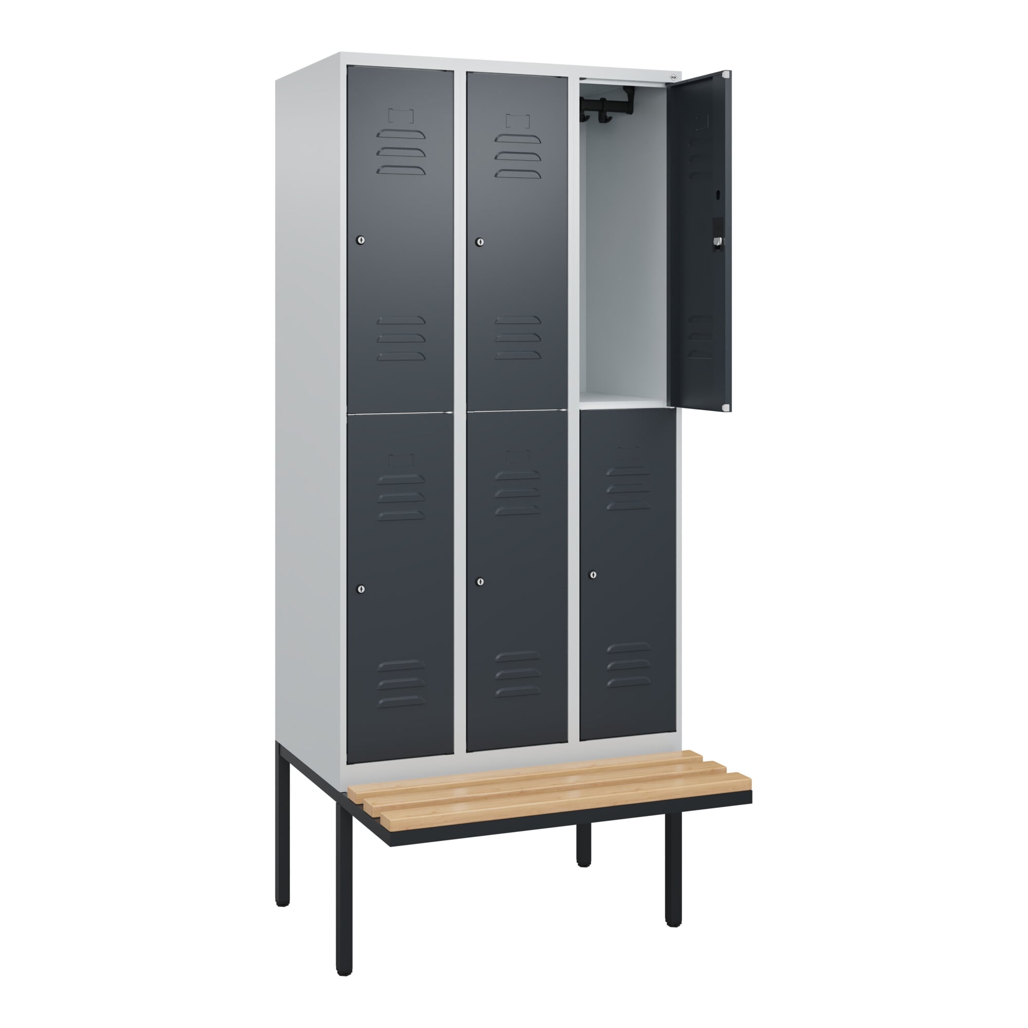 C+P Doppelstock-Spind Classic PLUS, Bank, 3 Abteile, 2120x900x815mm, 7035/7016 Verschluss Zylinderschloss Sitzbanktyp auskragend Material Sitzfläche B