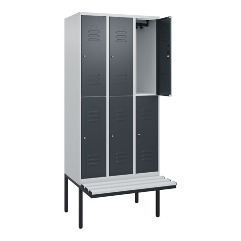 C+P Doppelstock-Spind Classic PLUS, Bank, 3 Abteile, 2120x900x815mm, 7035/7016 Verschluss Zylinderschloss Sitzbanktyp auskragend Material Sitzfläche Kunststoff