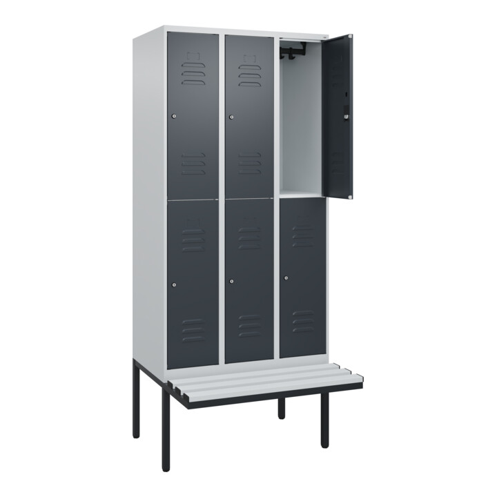 C+P Doppelstock-Spind Classic PLUS, Bank, 3 Abteile, 2120x900x815mm, 7035/7016 Verschluss Zylinderschloss Sitzbanktyp auskragend Material Sitzfläche Kunststoff