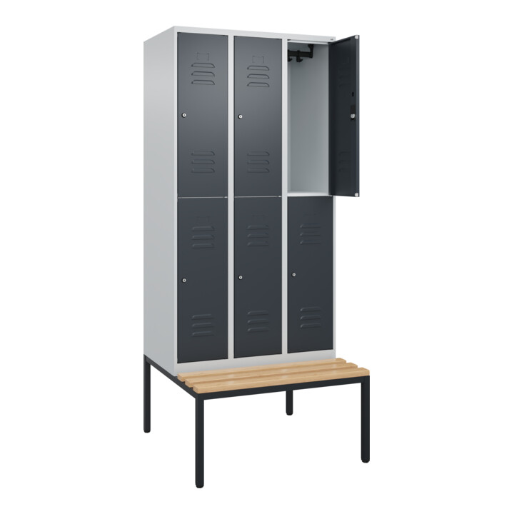 C+P Doppelstock-Spind Classic PLUS, Bank, 3 Abteile, 2120x900x815mm, 7035/7016 Verschluss Zylinderschloss Sitzbanktyp untergebaut Material Sitzfläche Buche-Hartholz