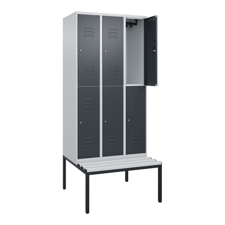 C+P Doppelstock-Spind Classic PLUS, Bank, 3 Abteile, 2120x900x815mm, 7035/7016 Verschluss Zylinderschloss Sitzbanktyp untergebaut Material Sitzfläche Kunststoff