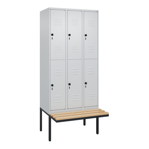 C+P Doppelstock-Spind Classic PLUS, Bank, 3 Abteile, 2120x900x815mm, 7035/7035 Verschluss Sicherheits-Drehriegel Sitzbanktyp auskragend Material Sitzfläche Buche-Hartholz