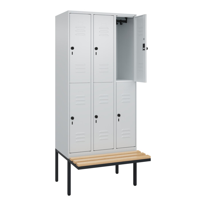 C+P Doppelstock-Spind Classic PLUS, Bank, 3 Abteile, 2120x900x815mm, 7035/7035 Verschluss Sicherheits-Drehriegel Sitzbanktyp auskragend Material Sitzfläche Buche-Hartholz