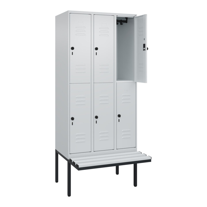 C+P Doppelstock-Spind Classic PLUS, Bank, 3 Abteile, 2120x900x815mm, 7035/7035 Verschluss Sicherheits-Drehriegel Sitzbanktyp auskragend Material Sitzfläche Kunststoff