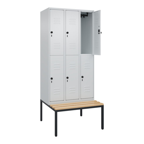 C+P Doppelstock-Spind Classic PLUS, Bank, 3 Abteile, 2120x900x815mm, 7035/7035 Verschluss Sicherheits-Drehriegel Sitzbanktyp untergebaut Material Sitzfläche Buche-Hartholz