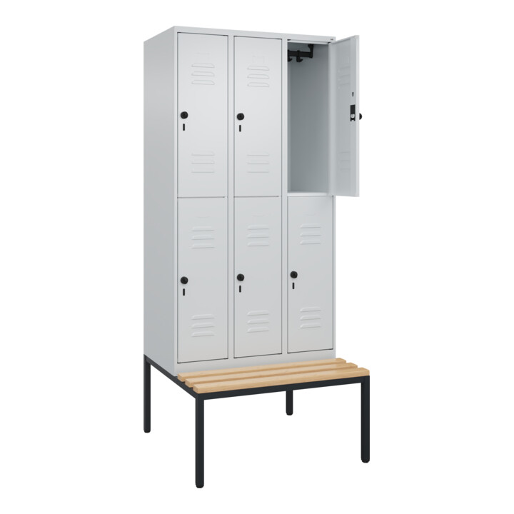 C+P Doppelstock-Spind Classic PLUS, Bank, 3 Abteile, 2120x900x815mm, 7035/7035 Verschluss Sicherheits-Drehriegel Sitzbanktyp untergebaut Material Sitzfläche Buche-Hartholz