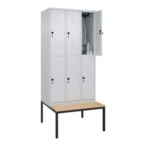 C+P Doppelstock-Spind Classic PLUS, Bank, 3 Abteile, 2120x900x815mm, 7035/7035 Verschluss Sicherheits-Drehriegel Sitzbanktyp untergebaut Material Sitzfläche Buche-Hartholz