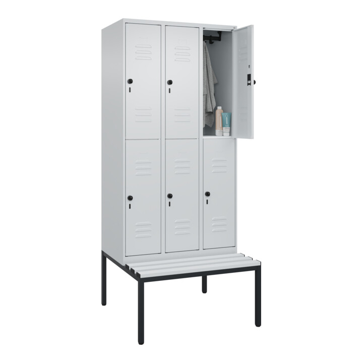 C+P Doppelstock-Spind Classic PLUS, Bank, 3 Abteile, 2120x900x815mm, 7035/7035 Verschluss Sicherheits-Drehriegel Sitzbanktyp untergebaut Material Sitzfläche Kunststoff