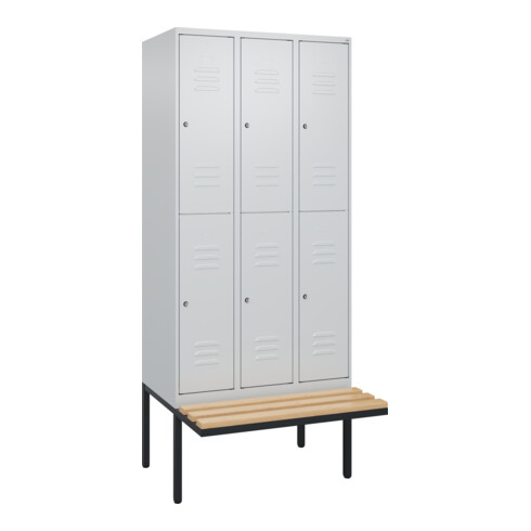 C+P Doppelstock-Spind Classic PLUS, Bank, 3 Abteile, 2120x900x815mm, 7035/7035 Verschluss Zylinderschloss Sitzbanktyp auskragend Material Sitzfläche Buche-Hartholz