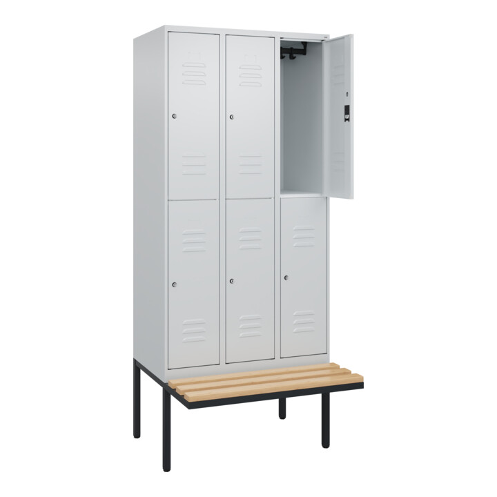 C+P Doppelstock-Spind Classic PLUS, Bank, 3 Abteile, 2120x900x815mm, 7035/7035 Verschluss Zylinderschloss Sitzbanktyp auskragend Material Sitzfläche Buche-Hartholz