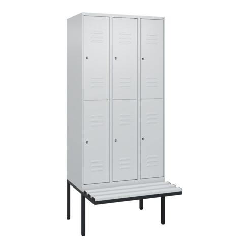 C+P Doppelstock-Spind Classic PLUS, Bank, 3 Abteile, 2120x900x815mm, 7035/7035 Verschluss Zylinderschloss Sitzbanktyp auskragend Material Sitzfläche Kunststoff