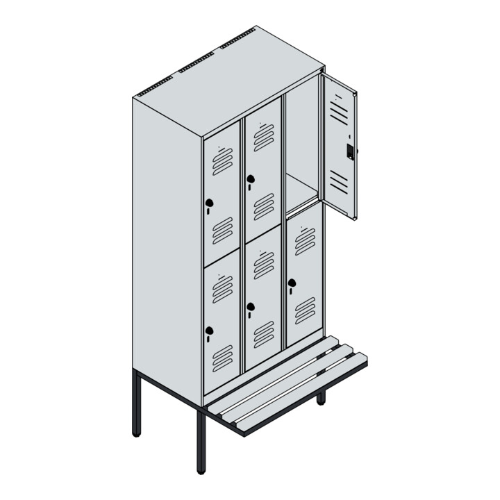C+P Doppelstock-Spind Classic PLUS, Bank, 3 Abteile, 2120x900x815mm, 7035/7035 Verschluss Zylinderschloss Sitzbanktyp auskragend Material Sitzfläche Kunststoff