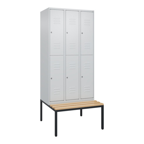 C+P Doppelstock-Spind Classic PLUS, Bank, 3 Abteile, 2120x900x815mm, 7035/7035 Verschluss Zylinderschloss Sitzbanktyp untergebaut Material Sitzfläche Buche-Hartholz