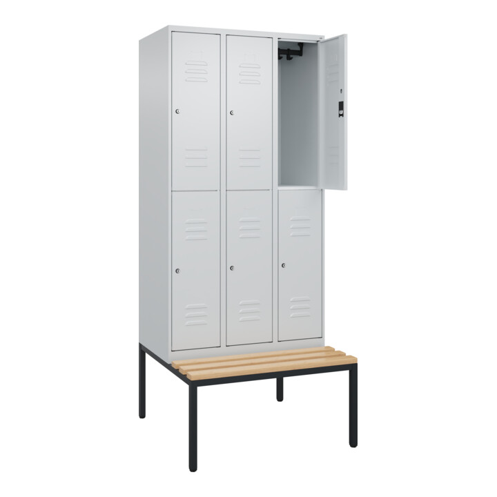 C+P Doppelstock-Spind Classic PLUS, Bank, 3 Abteile, 2120x900x815mm, 7035/7035 Verschluss Zylinderschloss Sitzbanktyp untergebaut Material Sitzfläche Buche-Hartholz