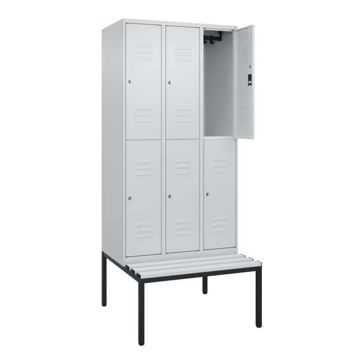 C+P Doppelstock-Spind Classic PLUS, Bank, 3 Abteile, 2120x900x815mm, 7035/7035 Verschluss Zylinderschloss Sitzbanktyp untergebaut Material Sitzfläche Kunststoff