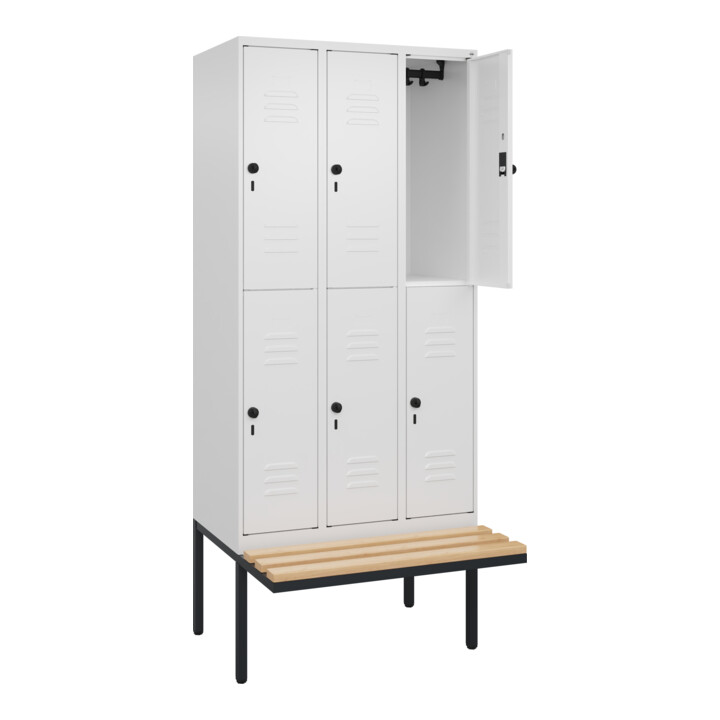 C+P Doppelstock-Spind Classic PLUS, Bank, 3 Abteile, 2120x900x815mm, 9016/9016 Verschluss Sicherheits-Drehriegel Sitzbanktyp auskragend Material Sitzfläche Buche-Hartholz