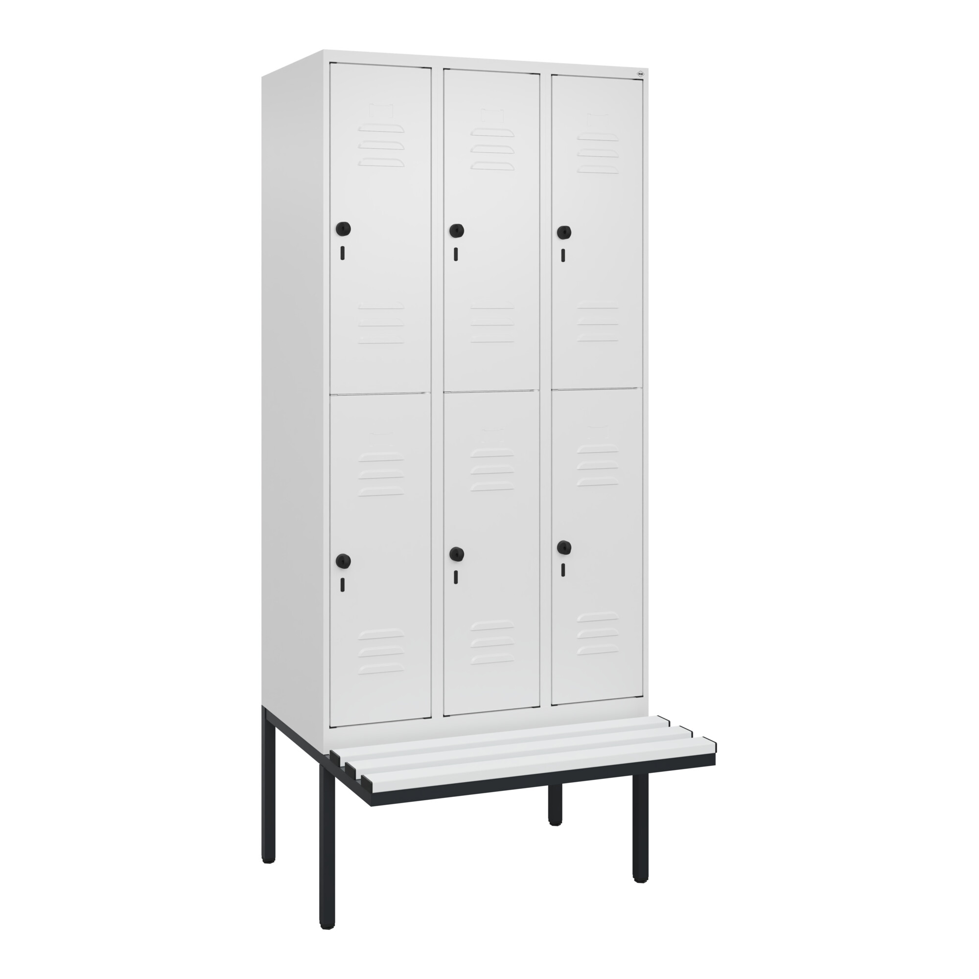 C+P Doppelstock-Spind Classic PLUS, Bank, 3 Abteile, 2120x900x815mm, 9016/9016 Verschluss Sicherheits-Drehriegel Sitzbanktyp auskragend Material Sitzf