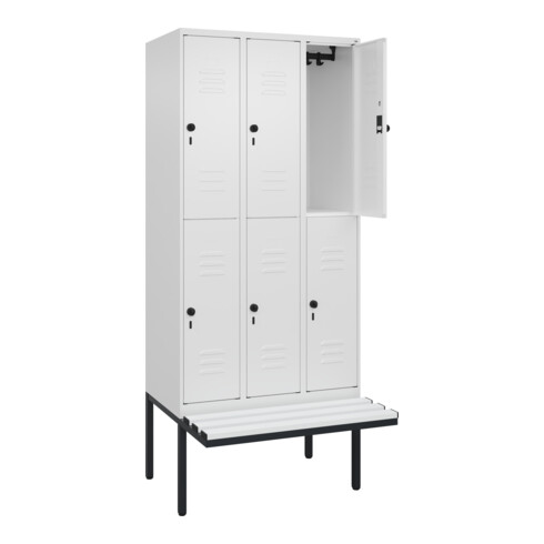 C+P Doppelstock-Spind Classic PLUS, Bank, 3 Abteile, 2120x900x815mm, 9016/9016 Verschluss Sicherheits-Drehriegel Sitzbanktyp auskragend Material Sitzfläche Kunststoff