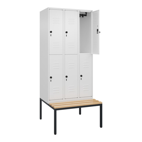 C+P Doppelstock-Spind Classic PLUS, Bank, 3 Abteile, 2120x900x815mm, 9016/9016 Verschluss Sicherheits-Drehriegel Sitzbanktyp untergebaut Material Sitzfläche Buche-Hartholz
