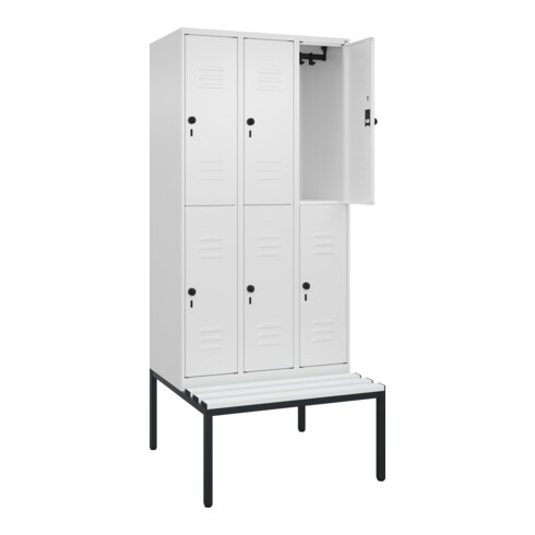 C+P Doppelstock-Spind Classic PLUS, Bank, 3 Abteile, 2120x900x815mm, 9016/9016 Verschluss Sicherheits-Drehriegel Sitzbanktyp untergebaut Material Sitzfläche Kunststoff