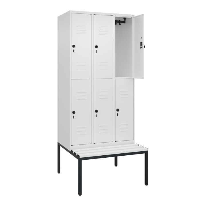 C+P Doppelstock-Spind Classic PLUS, Bank, 3 Abteile, 2120x900x815mm, 9016/9016 Verschluss Sicherheits-Drehriegel Sitzbanktyp untergebaut Material Sitzfläche Kunststoff