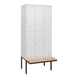 C+P Doppelstock-Spind Classic PLUS, Bank, 3 Abteile, 2120x900x815mm, 9016/9016 Verschluss Zylinderschloss Sitzbanktyp auskragend Material Sitzfläche Buche-Hartholz