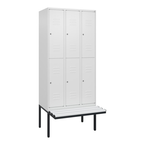 C+P Doppelstock-Spind Classic PLUS, Bank, 3 Abteile, 2120x900x815mm, 9016/9016 Verschluss Zylinderschloss Sitzbanktyp auskragend Material Sitzfläche Kunststoff