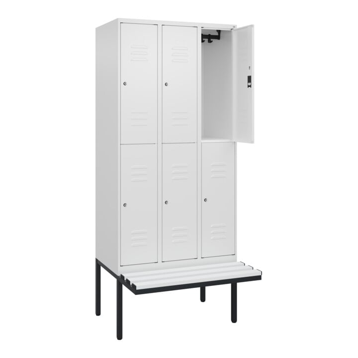 C+P Doppelstock-Spind Classic PLUS, Bank, 3 Abteile, 2120x900x815mm, 9016/9016 Verschluss Zylinderschloss Sitzbanktyp auskragend Material Sitzfläche Kunststoff