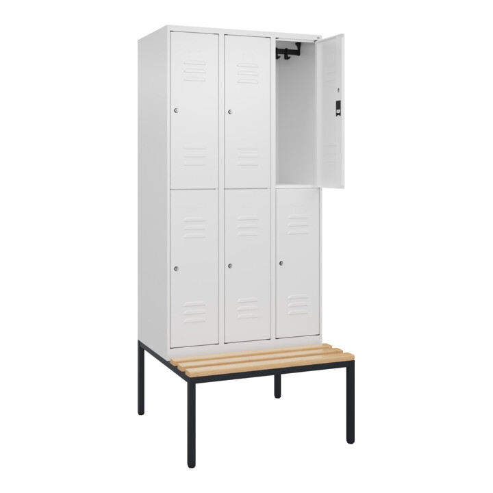 C+P Doppelstock-Spind Classic PLUS, Bank, 3 Abteile, 2120x900x815mm, 9016/9016 Verschluss Zylinderschloss Sitzbanktyp untergebaut Material Sitzfläche Buche-Hartholz
