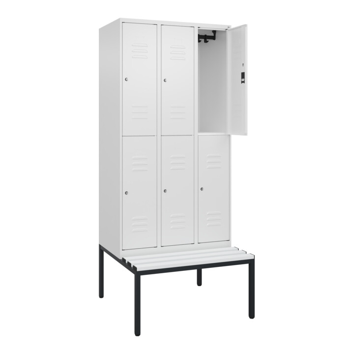 C+P Doppelstock-Spind Classic PLUS, Bank, 3 Abteile, 2120x900x815mm, 9016/9016 Verschluss Zylinderschloss Sitzbanktyp untergebaut Material Sitzfläche Kunststoff