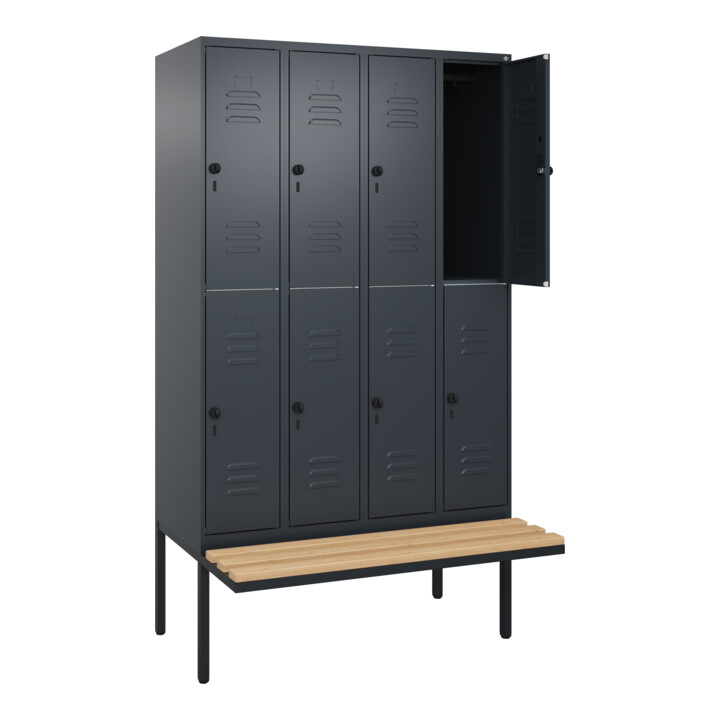 C+P Doppelstock-Spind Classic PLUS, Bank, 4 Abteile, 2120x1200x815mm, 7016/7016 Verschluss Sicherheits-Drehriegel Sitzbanktyp auskragend Material Sitzfläche Buche-Hartholz