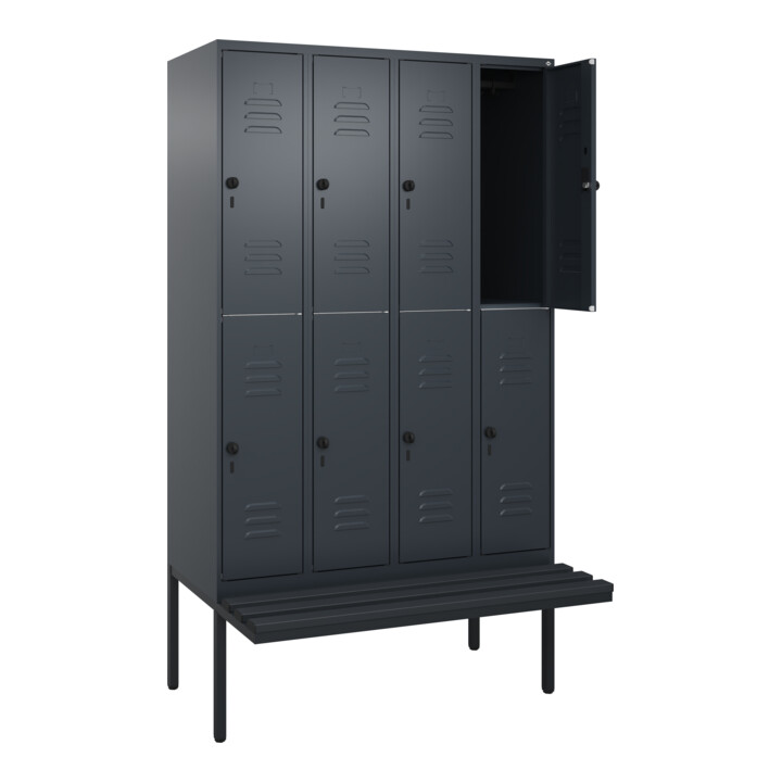 C+P Doppelstock-Spind Classic PLUS, Bank, 4 Abteile, 2120x1200x815mm, 7016/7016 Verschluss Sicherheits-Drehriegel Sitzbanktyp auskragend Material Sitzfläche Kunststoff