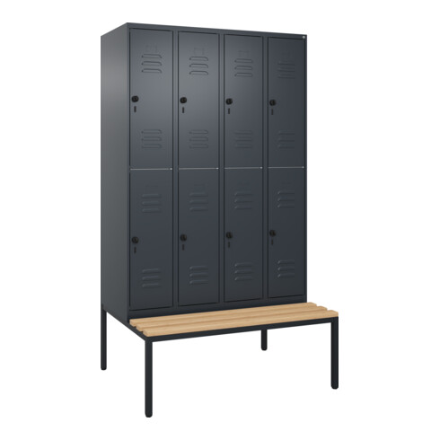 C+P Doppelstock-Spind Classic PLUS, Bank, 4 Abteile, 2120x1200x815mm, 7016/7016 Verschluss Sicherheits-Drehriegel Sitzbanktyp untergebaut Material Sitzfläche Buche-Hartholz