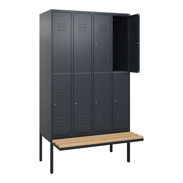 C+P Doppelstock-Spind Classic PLUS, Bank, 4 Abteile, 2120x1200x815mm, 7016/7016 Verschluss Zylinderschloss Sitzbanktyp auskragend Material Sitzfläche Buche-Hartholz