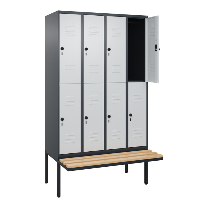 C+P Doppelstock-Spind Classic PLUS, Bank, 4 Abteile, 2120x1200x815mm, 7016/7035 Verschluss Sicherheits-Drehriegel Sitzbanktyp auskragend Material Sitzfläche Buche-Hartholz