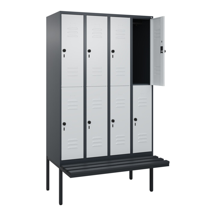 C+P Doppelstock-Spind Classic PLUS, Bank, 4 Abteile, 2120x1200x815mm, 7016/7035 Verschluss Sicherheits-Drehriegel Sitzbanktyp auskragend Material Sitzfläche Kunststoff