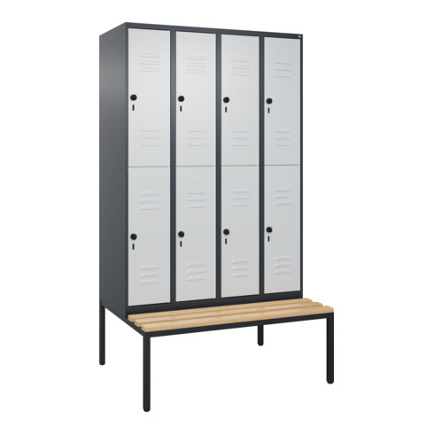 C+P Doppelstock-Spind Classic PLUS, Bank, 4 Abteile, 2120x1200x815mm, 7016/7035 Verschluss Sicherheits-Drehriegel Sitzbanktyp untergebaut Material Sitzfläche Buche-Hartholz