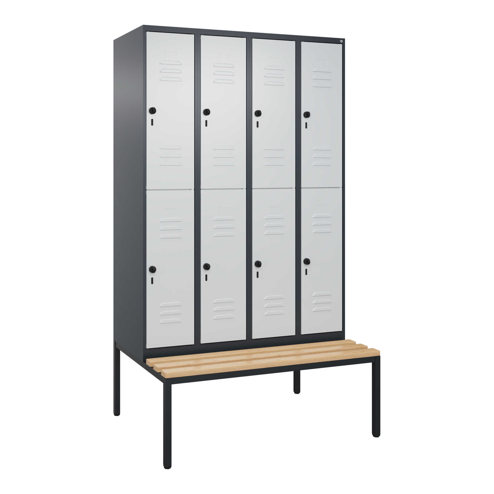 C+P Doppelstock-Spind Classic PLUS, Bank, 4 Abteile, 2120x1200x815mm, 7016/7035 Verschluss Sicherheits-Drehriegel Sitzbanktyp untergebaut Material Sit
