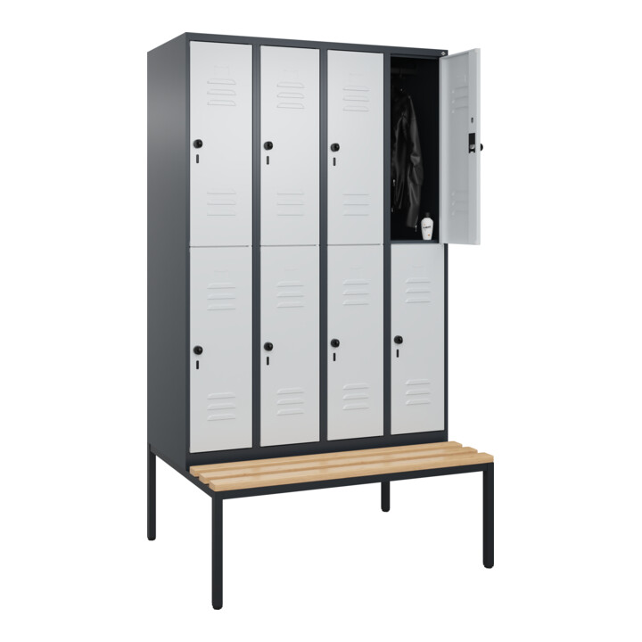 C+P Doppelstock-Spind Classic PLUS, Bank, 4 Abteile, 2120x1200x815mm, 7016/7035 Verschluss Sicherheits-Drehriegel Sitzbanktyp untergebaut Material Sitzfläche Buche-Hartholz