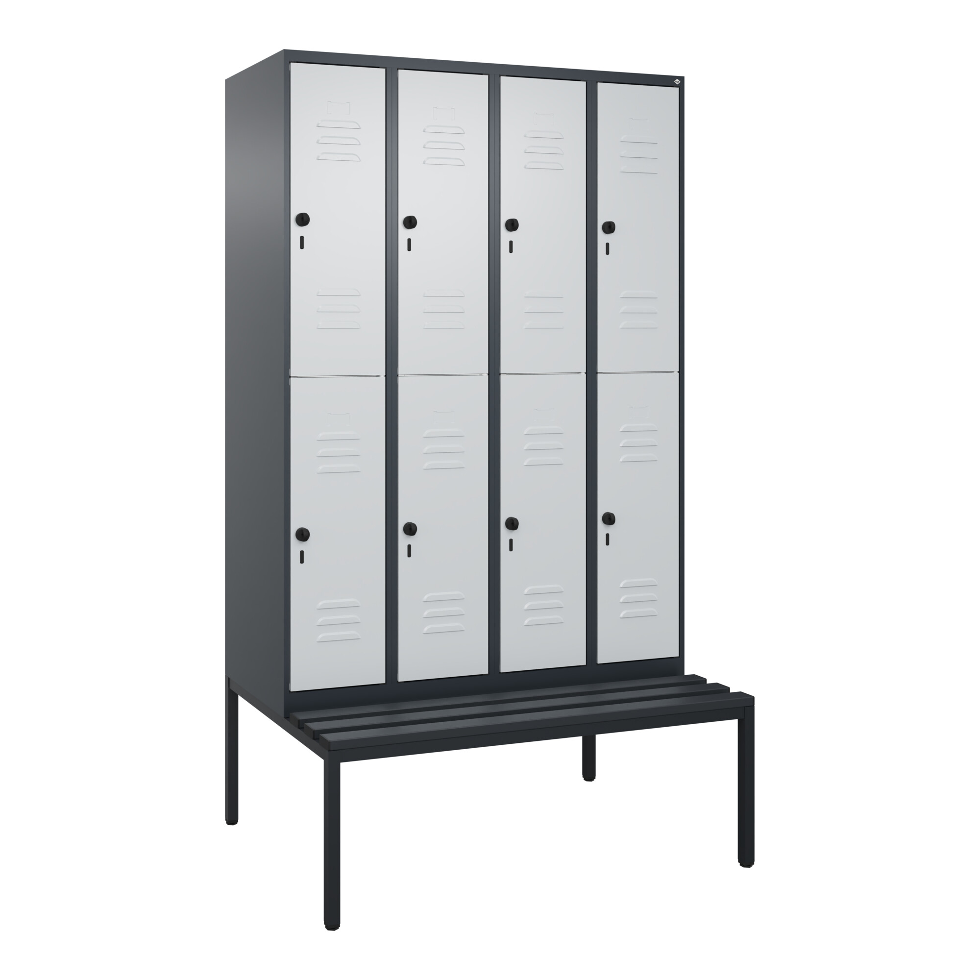 C+P Doppelstock-Spind Classic PLUS, Bank, 4 Abteile, 2120x1200x815mm, 7016/7035 Verschluss Sicherheits-Drehriegel Sitzbanktyp untergebaut Material Sit