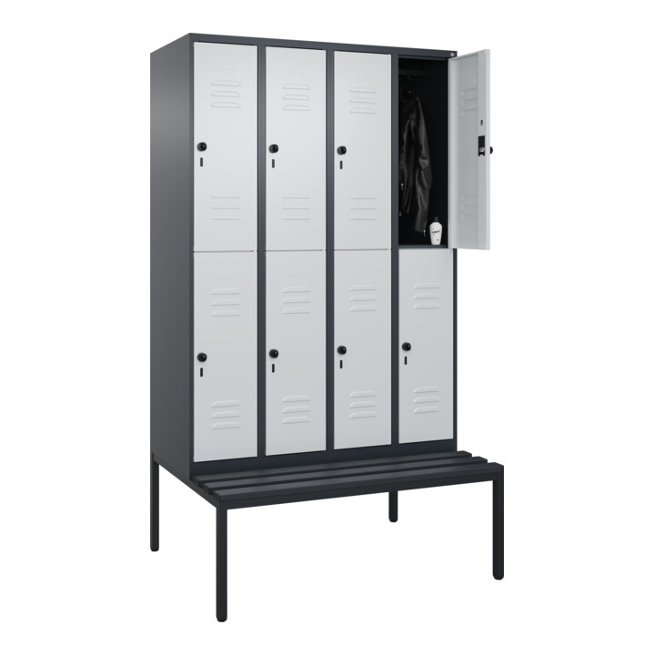 C+P Doppelstock-Spind Classic PLUS, Bank, 4 Abteile, 2120x1200x815mm, 7016/7035 Verschluss Sicherheits-Drehriegel Sitzbanktyp untergebaut Material Sitzfläche Kunststoff