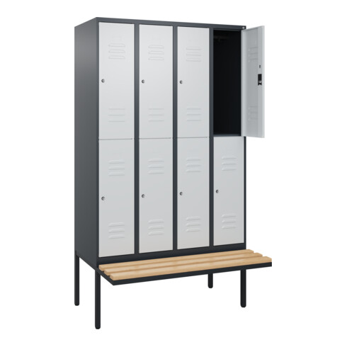 C+P Doppelstock-Spind Classic PLUS, Bank, 4 Abteile, 2120x1200x815mm, 7016/7035 Verschluss Zylinderschloss Sitzbanktyp auskragend Material Sitzfläche Buche-Hartholz