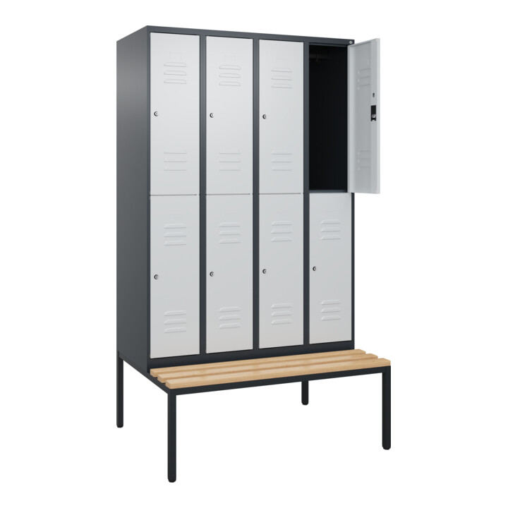 C+P Doppelstock-Spind Classic PLUS, Bank, 4 Abteile, 2120x1200x815mm, 7016/7035 Verschluss Zylinderschloss Sitzbanktyp untergebaut Material Sitzfläche Buche-Hartholz