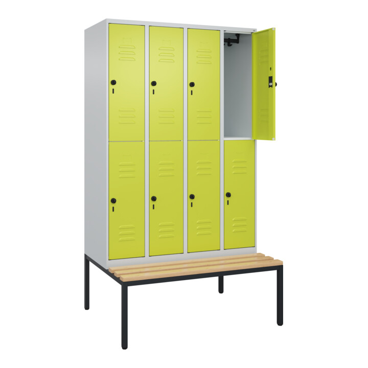C+P Doppelstock-Spind Classic PLUS, Bank, 4 Abteile, 2120x1200x815mm, 7035/0024 Verschluss Sicherheits-Drehriegel Sitzbanktyp untergebaut Material Sitzfläche Buche-Hartholz