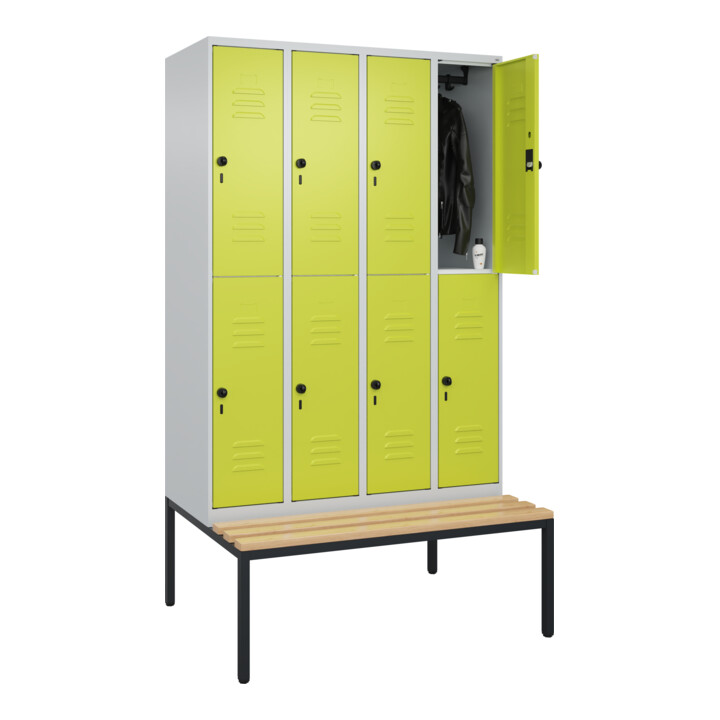 C+P Doppelstock-Spind Classic PLUS, Bank, 4 Abteile, 2120x1200x815mm, 7035/0024 Verschluss Sicherheits-Drehriegel Sitzbanktyp untergebaut Material Sitzfläche Buche-Hartholz