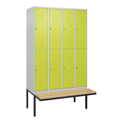 C+P Doppelstock-Spind Classic PLUS, Bank, 4 Abteile, 2120x1200x815mm, 7035/0024 Verschluss Zylinderschloss Sitzbanktyp auskragend Material Sitzfläche Buche-Hartholz