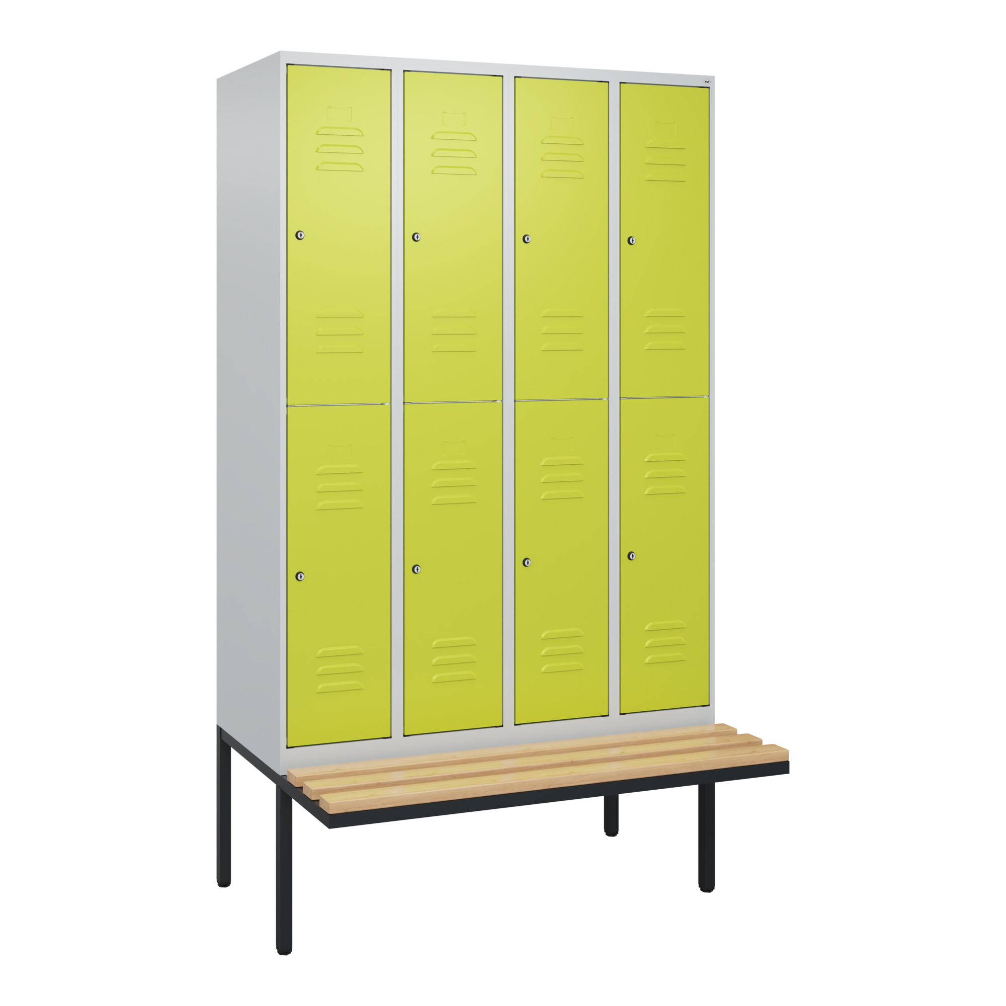 C+P Doppelstock-Spind Classic PLUS, Bank, 4 Abteile, 2120x1200x815mm, 7035/0024 Verschluss Zylinderschloss Sitzbanktyp auskragend Material Sitzfläche