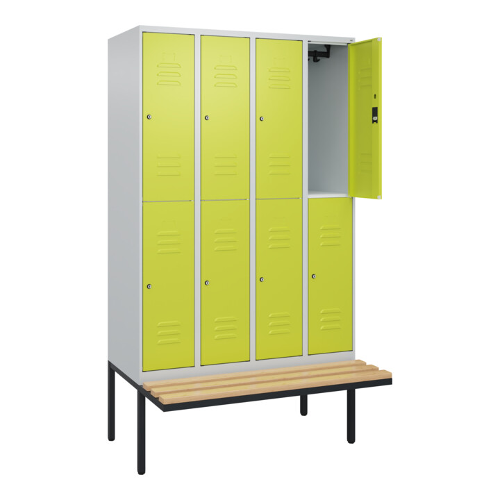 C+P Doppelstock-Spind Classic PLUS, Bank, 4 Abteile, 2120x1200x815mm, 7035/0024 Verschluss Zylinderschloss Sitzbanktyp auskragend Material Sitzfläche Buche-Hartholz