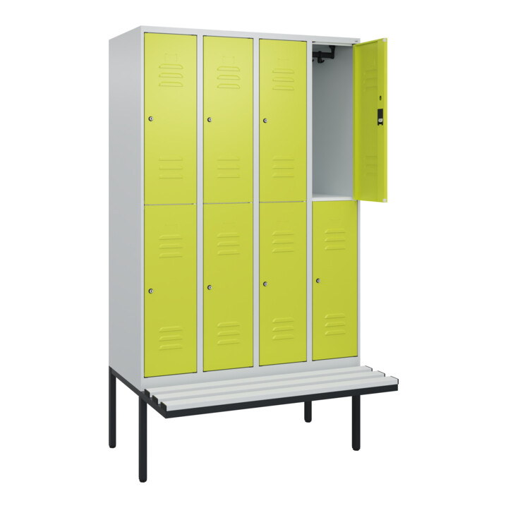 C+P Doppelstock-Spind Classic PLUS, Bank, 4 Abteile, 2120x1200x815mm, 7035/0024 Verschluss Zylinderschloss Sitzbanktyp auskragend Material Sitzfläche Kunststoff