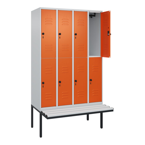 C+P Doppelstock-Spind Classic PLUS, Bank, 4 Abteile, 2120x1200x815mm, 7035/2004 Verschluss Sicherheits-Drehriegel Sitzbanktyp auskragend Material Sitzfläche Kunststoff